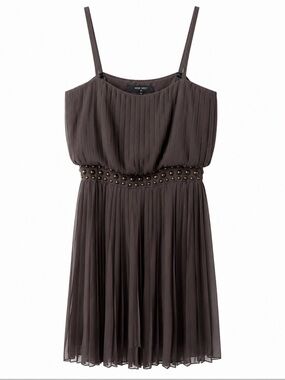 Nine West Brown Pleated Studded Waist Spaghetti Strap MIDI Dress